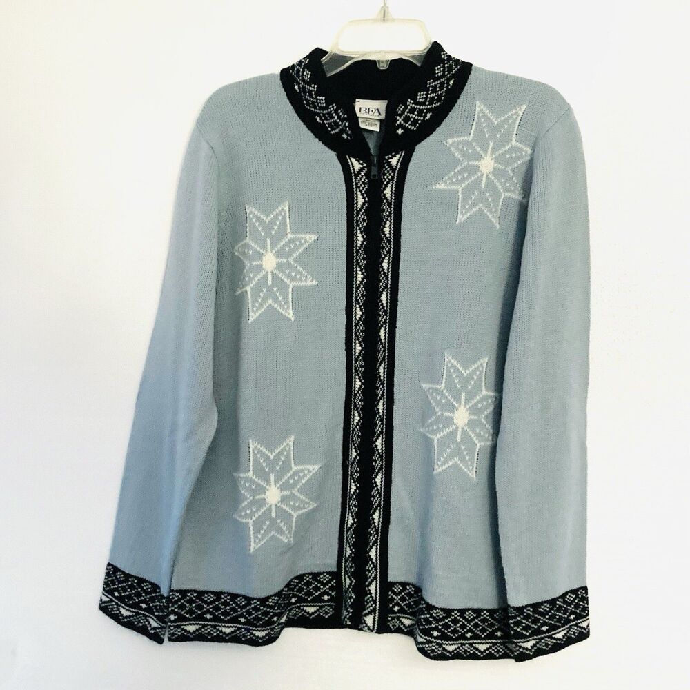 Vintage Nordic Cardigan Sweater Womens M Zip Up Blue Snowflakes Acrylic BFA